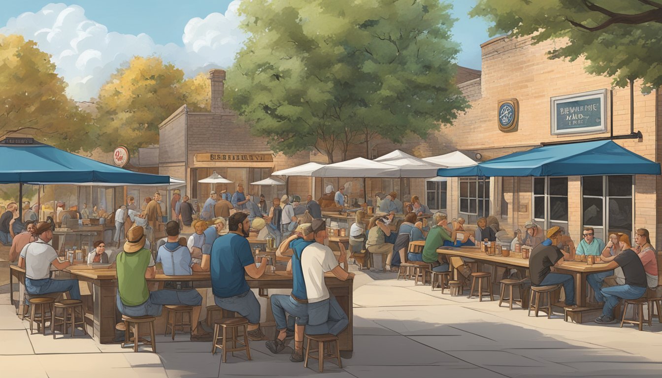 A bustling craft brewery scene in Denton, TX. Patrons enjoying pints at outdoor tables, while brewers work in the background