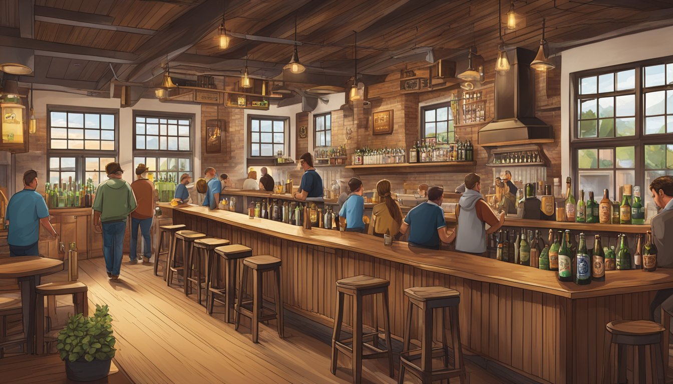 A bustling brewery with rustic decor and a lively bar scene, featuring a variety of local craft beers on tap