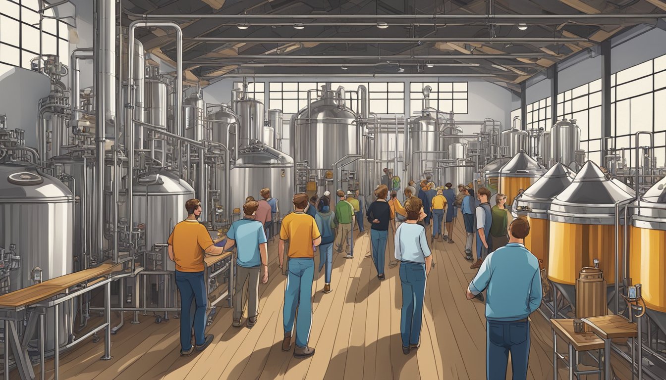 A bustling brewery with visitors sampling beer flights and taking guided tours through the production facility