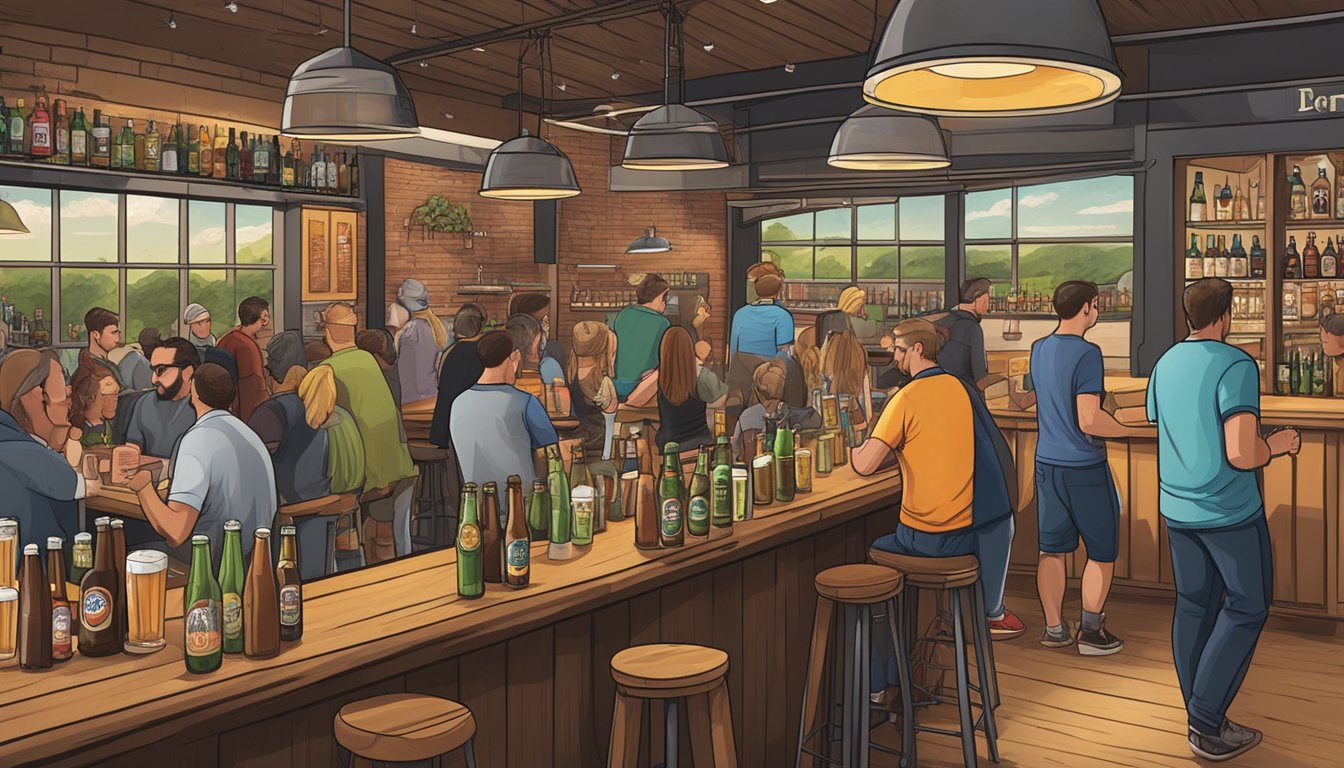 A bustling taproom with shelves of various beer types and local specialties from Denton, TX. Customers sample and enjoy the craft brews in a lively atmosphere