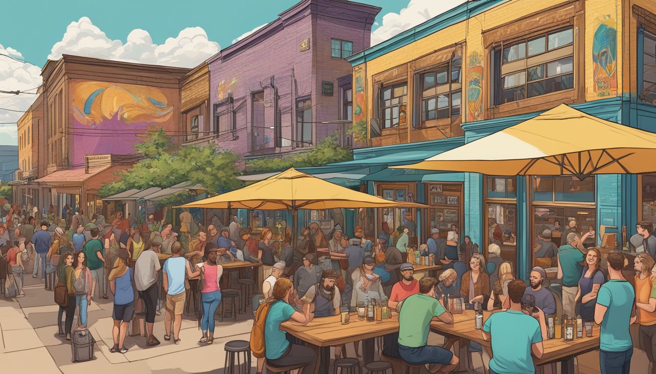 A bustling craft beer brewery with patrons sampling various brews, surrounded by vibrant murals and live music in the heart of Austin, Texas