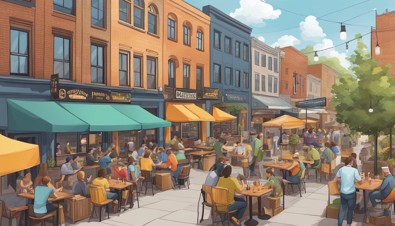 A bustling brewery district with colorful taprooms and outdoor seating, surrounded by live music venues and food trucks