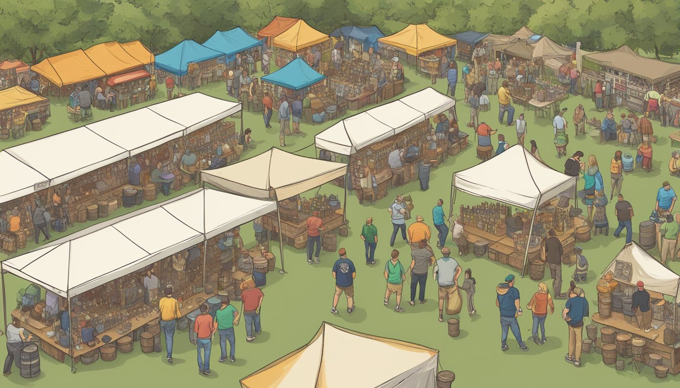 A bustling craft beer festival in Denton, TX, with a variety of local breweries showcasing their unique and colorful beer selections