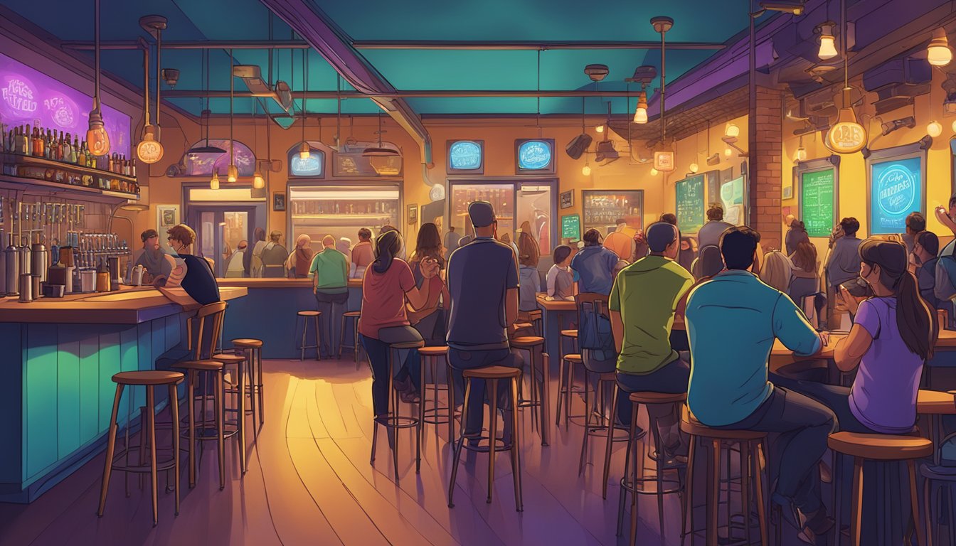 A bustling taproom with a variety of local craft beer taps, patrons chatting and enjoying live music, and colorful neon signs lighting up the space