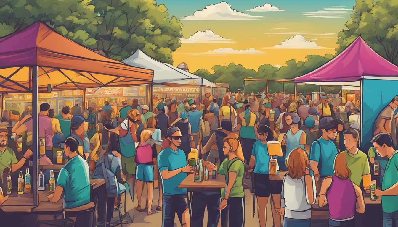 A bustling craft beer festival in Austin, TX with a variety of local breweries showcasing their unique and colorful beer labels. Tables are adorned with vibrant beer cans and bottles, while patrons sample and socialize