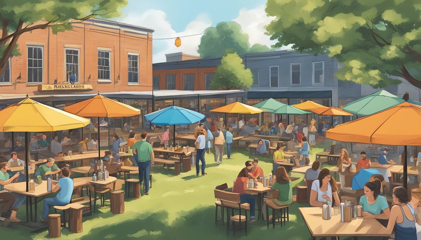 A bustling beer garden with colorful umbrellas, picnic tables, and a variety of specialty taprooms serving local craft beer in Nashville, TN