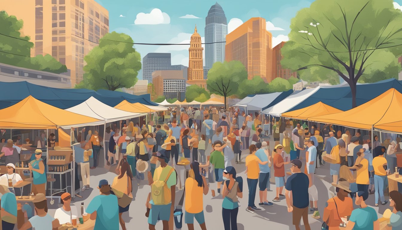 A bustling craft beer festival in Austin, Texas, with vendors, live music, and happy patrons enjoying the local brews