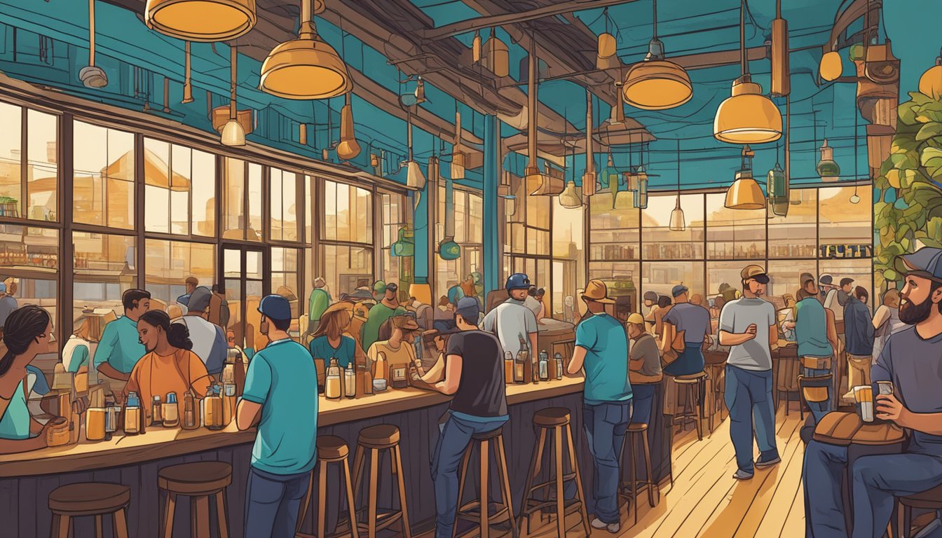 A bustling brewery with patrons enjoying craft beer in a vibrant Austin, TX setting