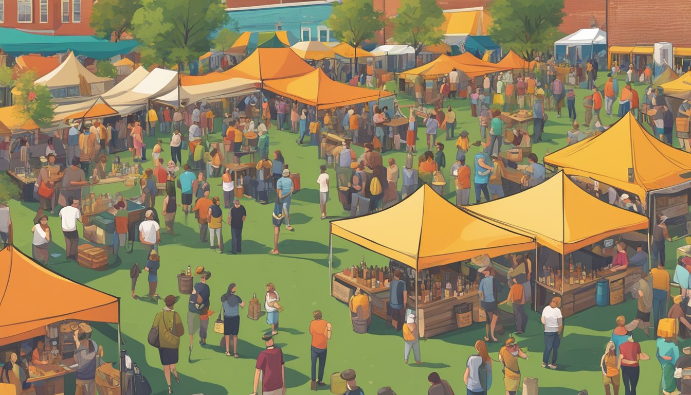 A bustling craft beer festival in Nashville, TN, with a variety of seasonal and experimental brews on display. Patrons sample and socialize under colorful tents