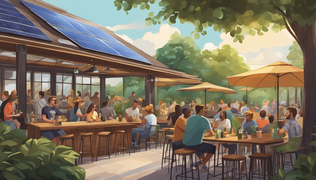 A bustling Nashville brewery patio surrounded by lush greenery and solar panels, with locals enjoying craft beers and live music