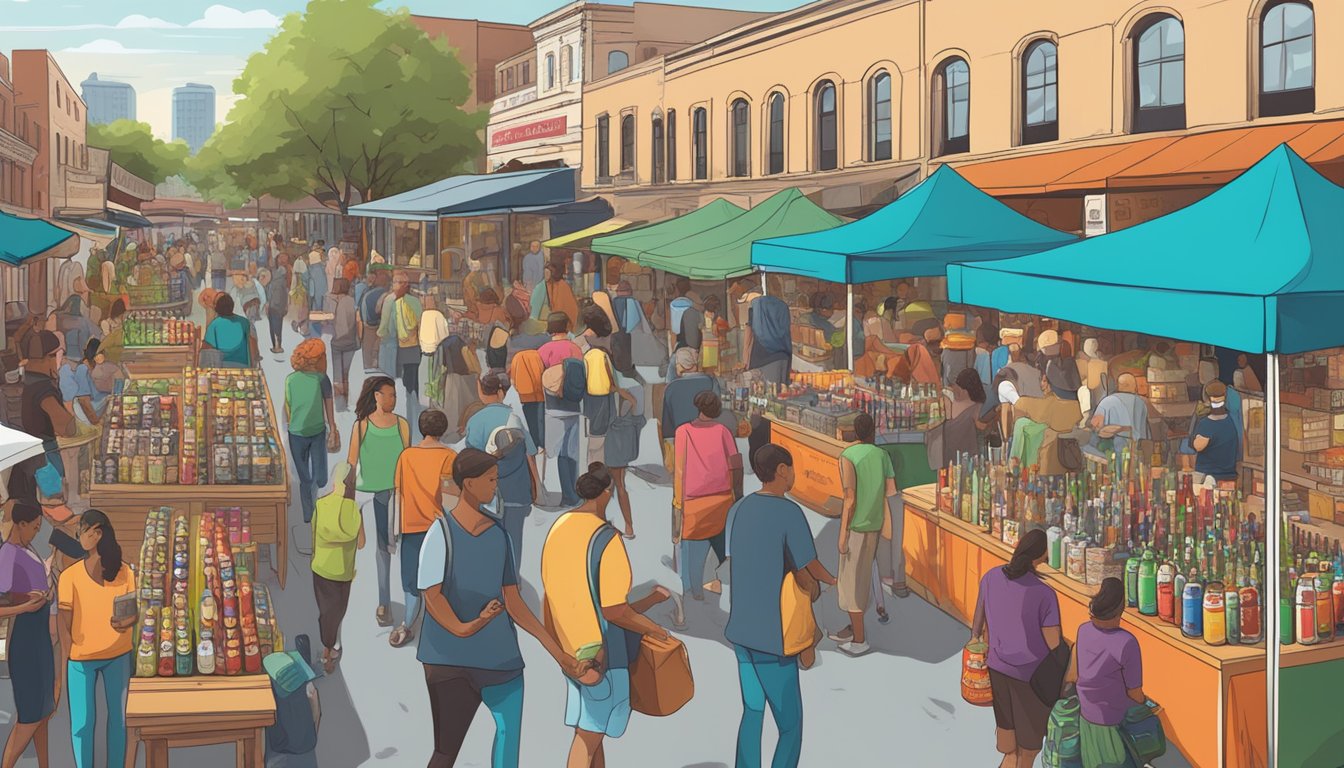 A bustling market with rows of colorful craft beer bottles and cans, surrounded by vendors and customers in Austin, TX