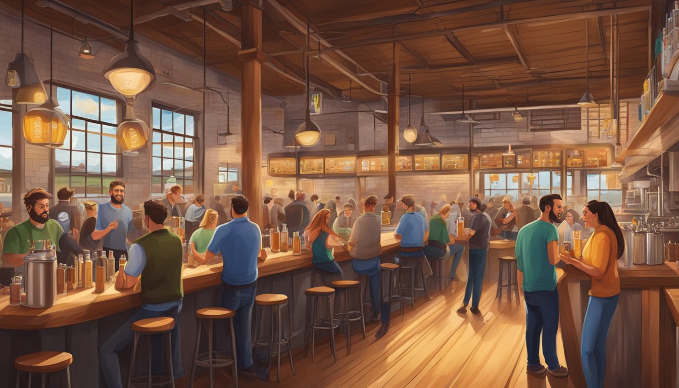 A bustling brewery scene in Fort Worth, with patrons enjoying craft beer in a vibrant and lively atmosphere