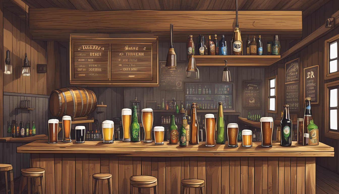 A bustling craft beer taproom with a diverse selection of brews, including IPA, stout, and lager, displayed on a rustic wooden bar