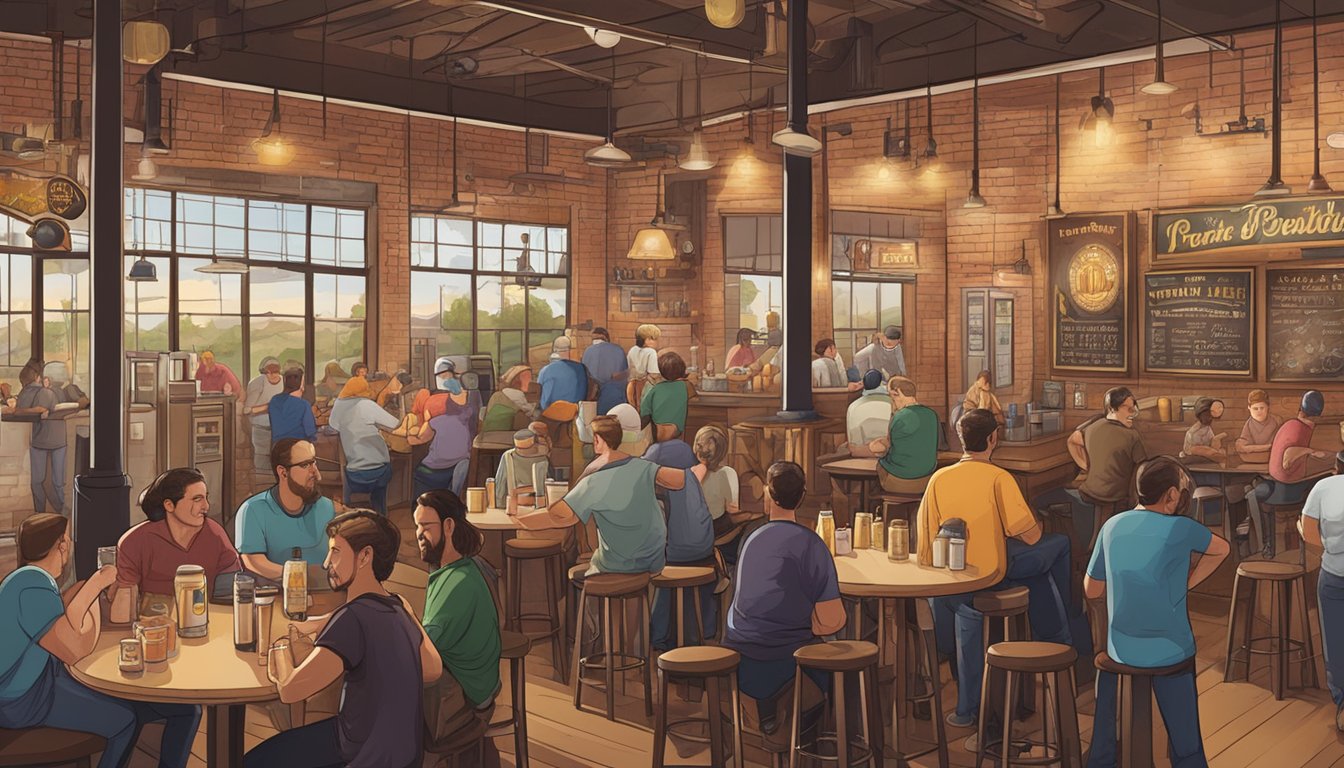 A bustling brewery scene in Fort Worth, TX, with patrons enjoying local craft beers and a variety of cuisine pairings