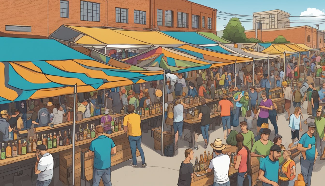 A bustling local craft beer festival in Fort Worth, Texas, with colorful vendor booths, live music, and enthusiastic beer enthusiasts sampling new and noteworthy brews