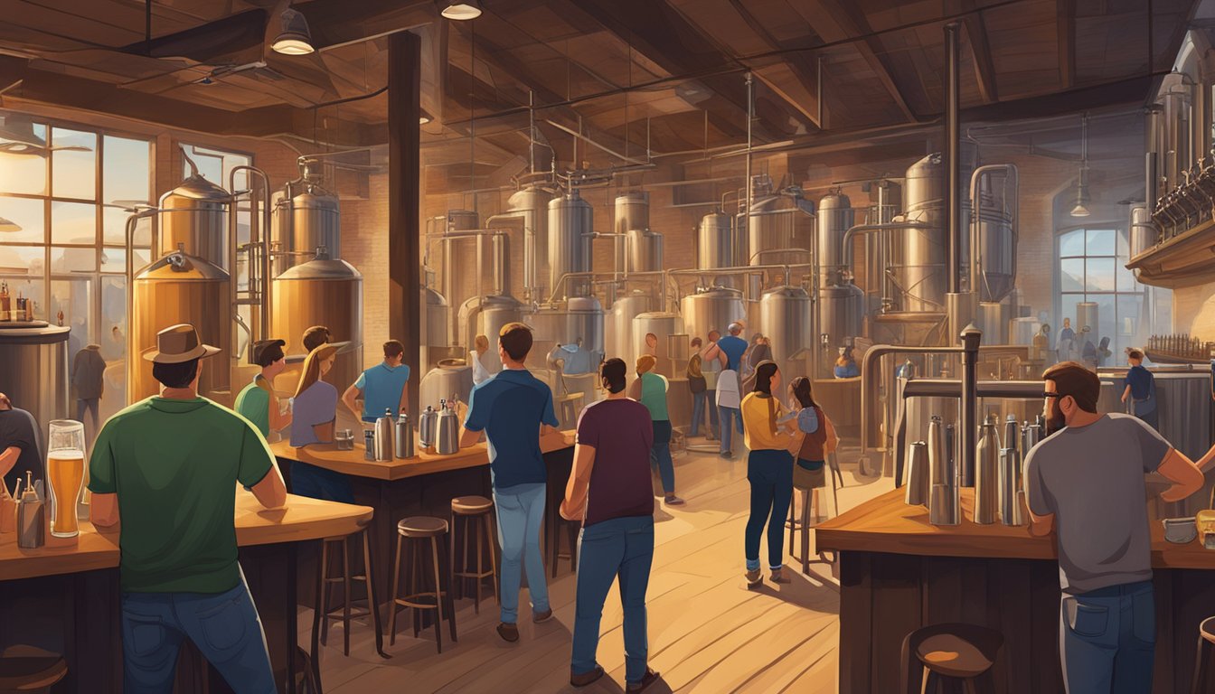 A bustling brewery scene with patrons enjoying local craft beers in Carrollton, TX. Vibrant atmosphere with beer taps, barrels, and brewery equipment