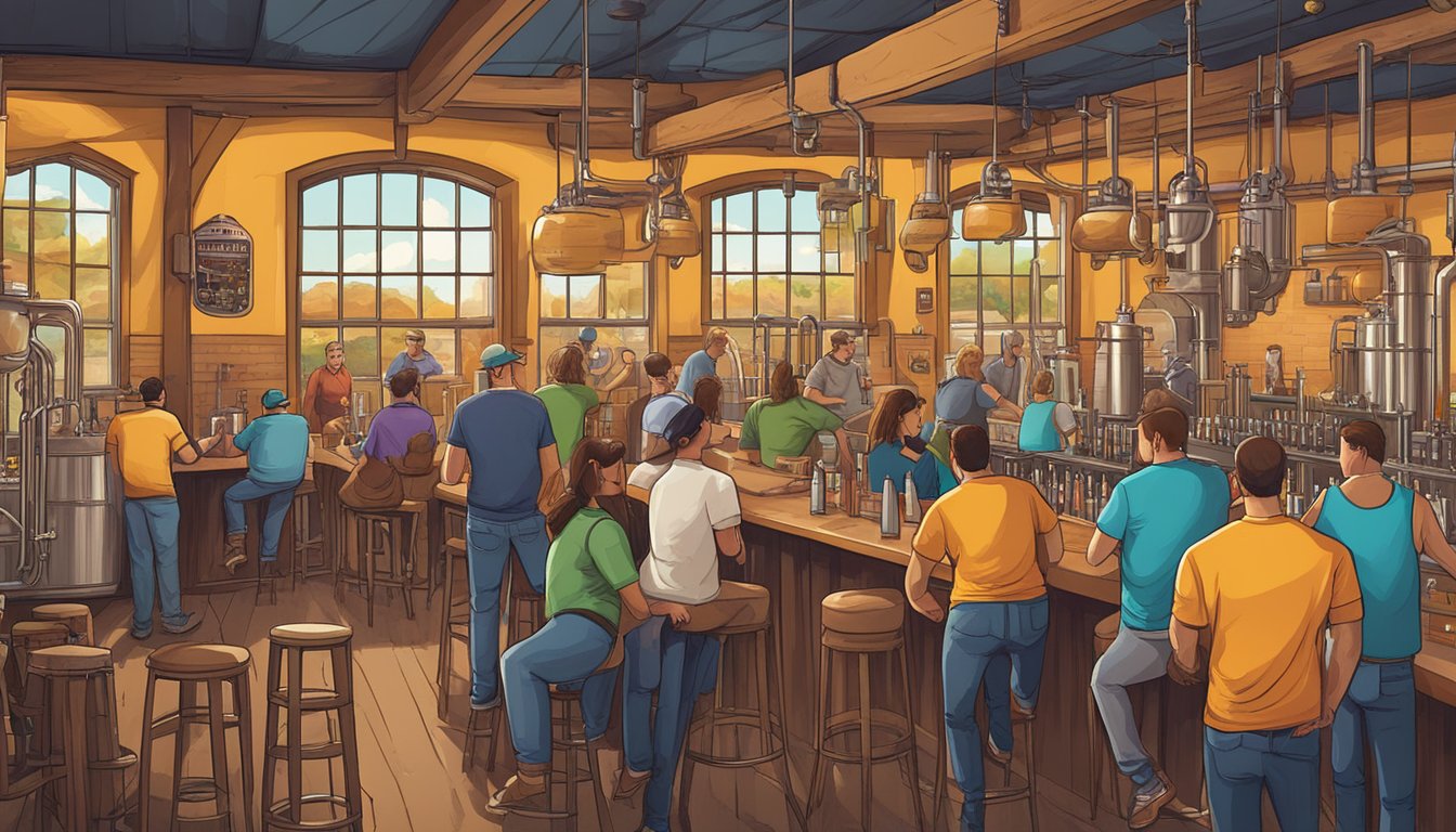 A bustling craft brewery scene in Amarillo, with a variety of unique beer styles being brewed and enjoyed by locals in a vibrant, energetic atmosphere