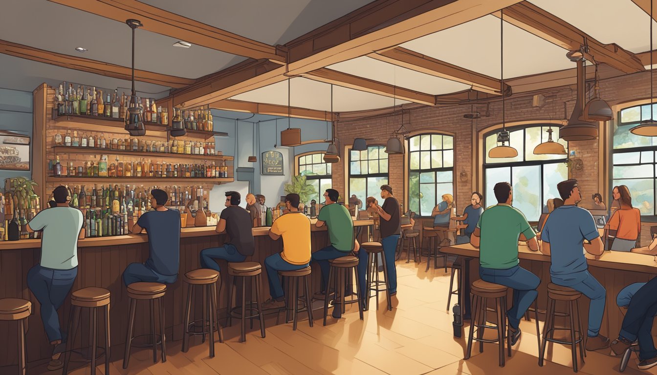 A bustling tasting room filled with diverse craft beer taps and a cozy bar area, with patrons chatting and enjoying their drinks