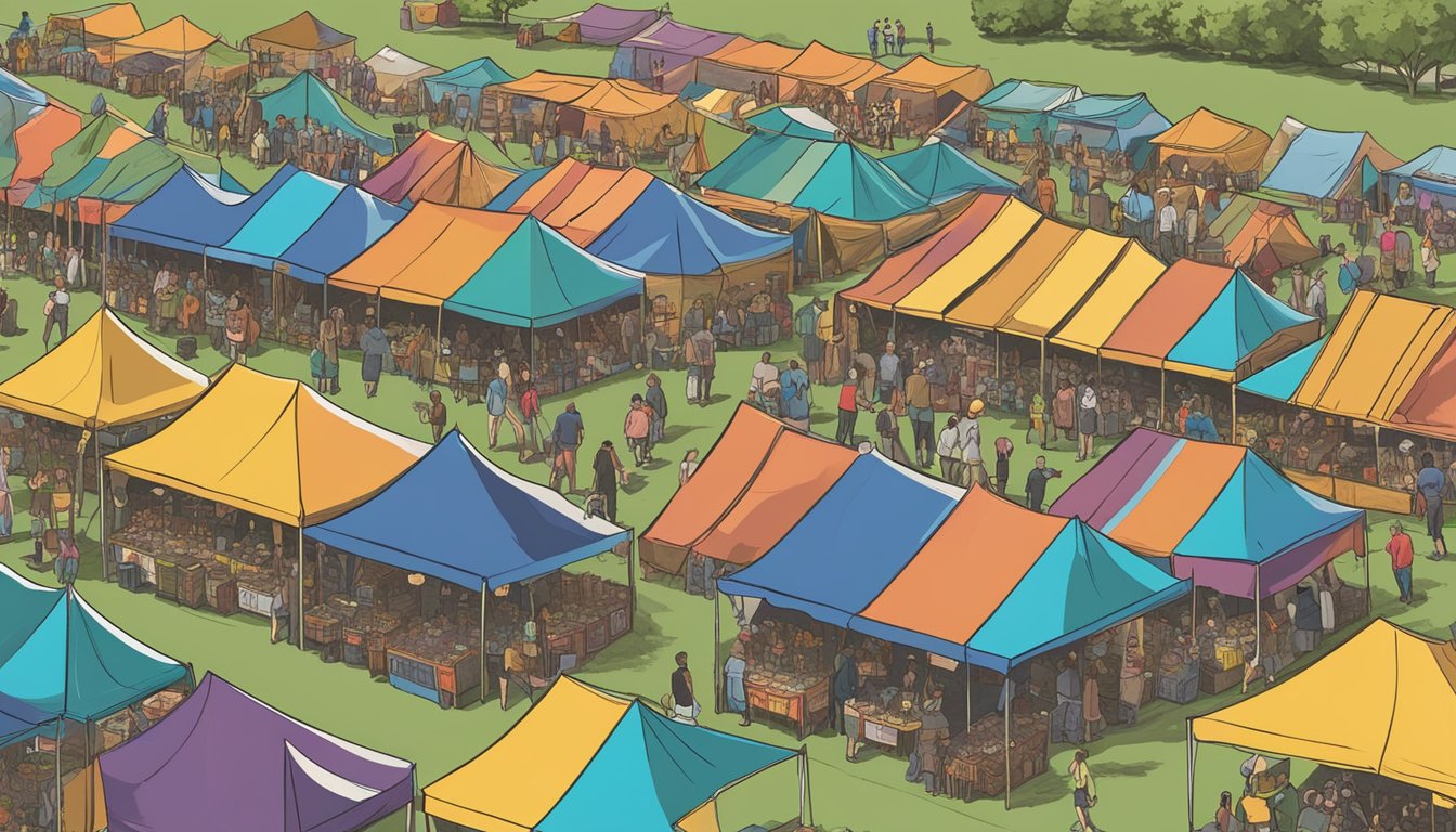 A bustling craft beer festival in Carrollton, TX, with rows of colorful tents showcasing various beer varieties and brew styles