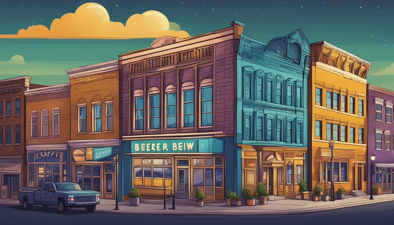 A group of colorful craft brewery buildings in downtown Amarillo are illuminated by a spotlight, showcasing the vibrant local beer scene