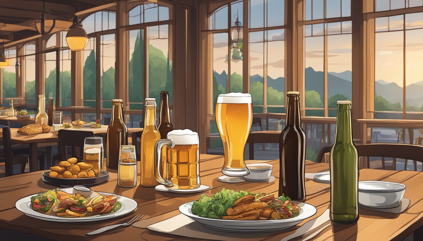 A cozy restaurant setting with a variety of craft beer bottles and glasses on a table, accompanied by plates of food for pairing