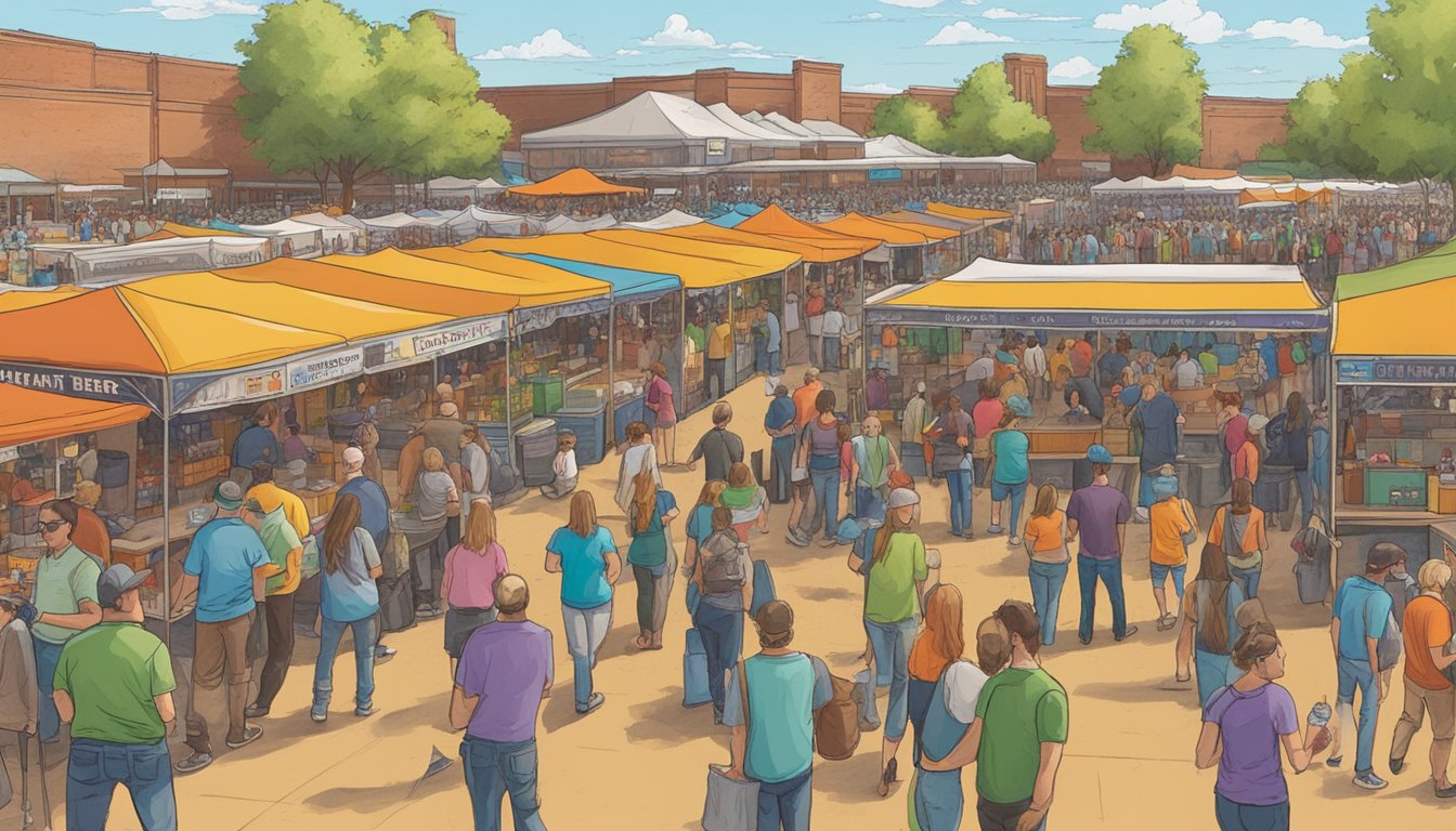 A bustling craft beer festival in Amarillo, TX, with rows of colorful booths, people sampling beer, and a lively atmosphere