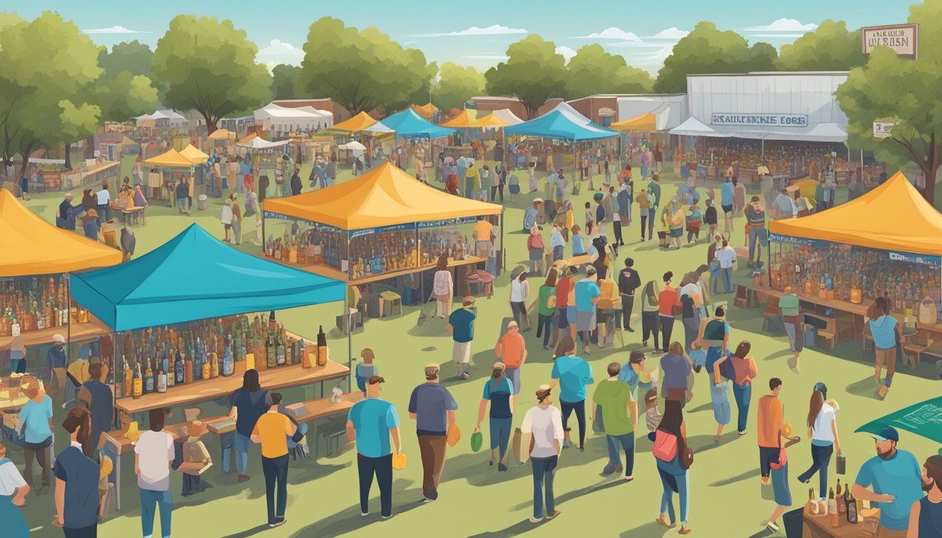 A bustling craft beer festival in Carrollton, TX, with rows of local breweries, colorful banners, and people sampling and reviewing different beers