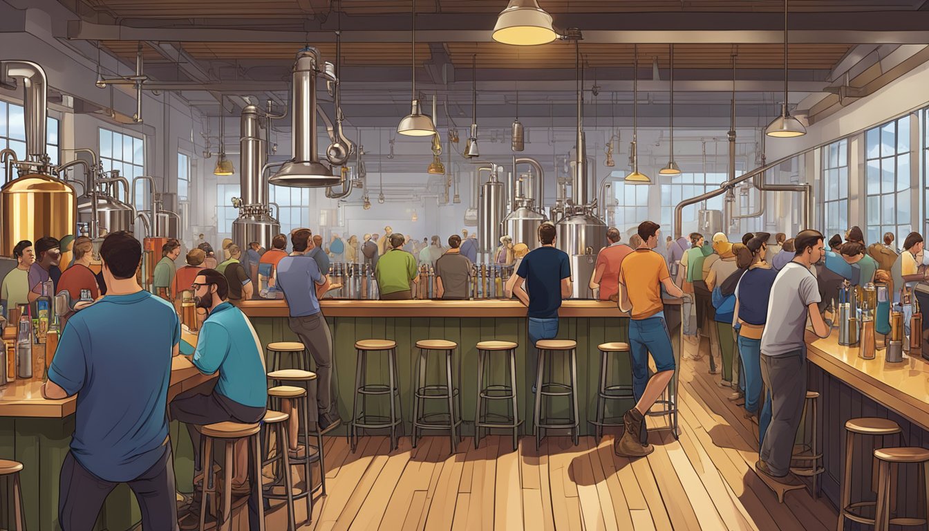 A bustling brewery taproom filled with patrons sampling a variety of craft beers, surrounded by stainless steel brewing equipment and colorful beer taps