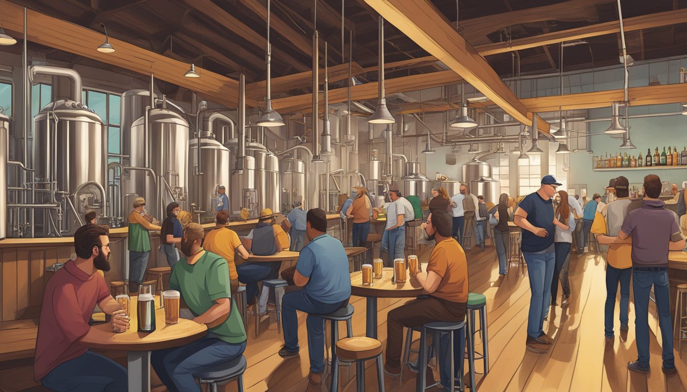 A bustling craft brewery scene in Amarillo, Texas, with patrons enjoying local beer and lively conversations