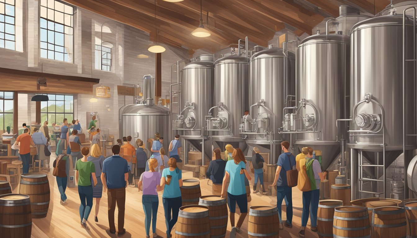 A bustling brewery with stainless steel tanks and wooden barrels, surrounded by customers enjoying local craft beer in Grand Prairie, TX