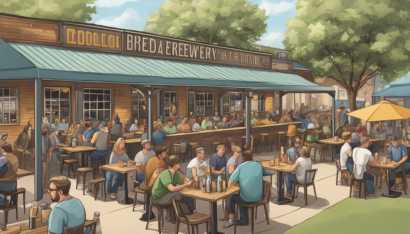 A bustling local brewery scene in Carrollton, TX, with patrons enjoying craft beer flights and outdoor seating