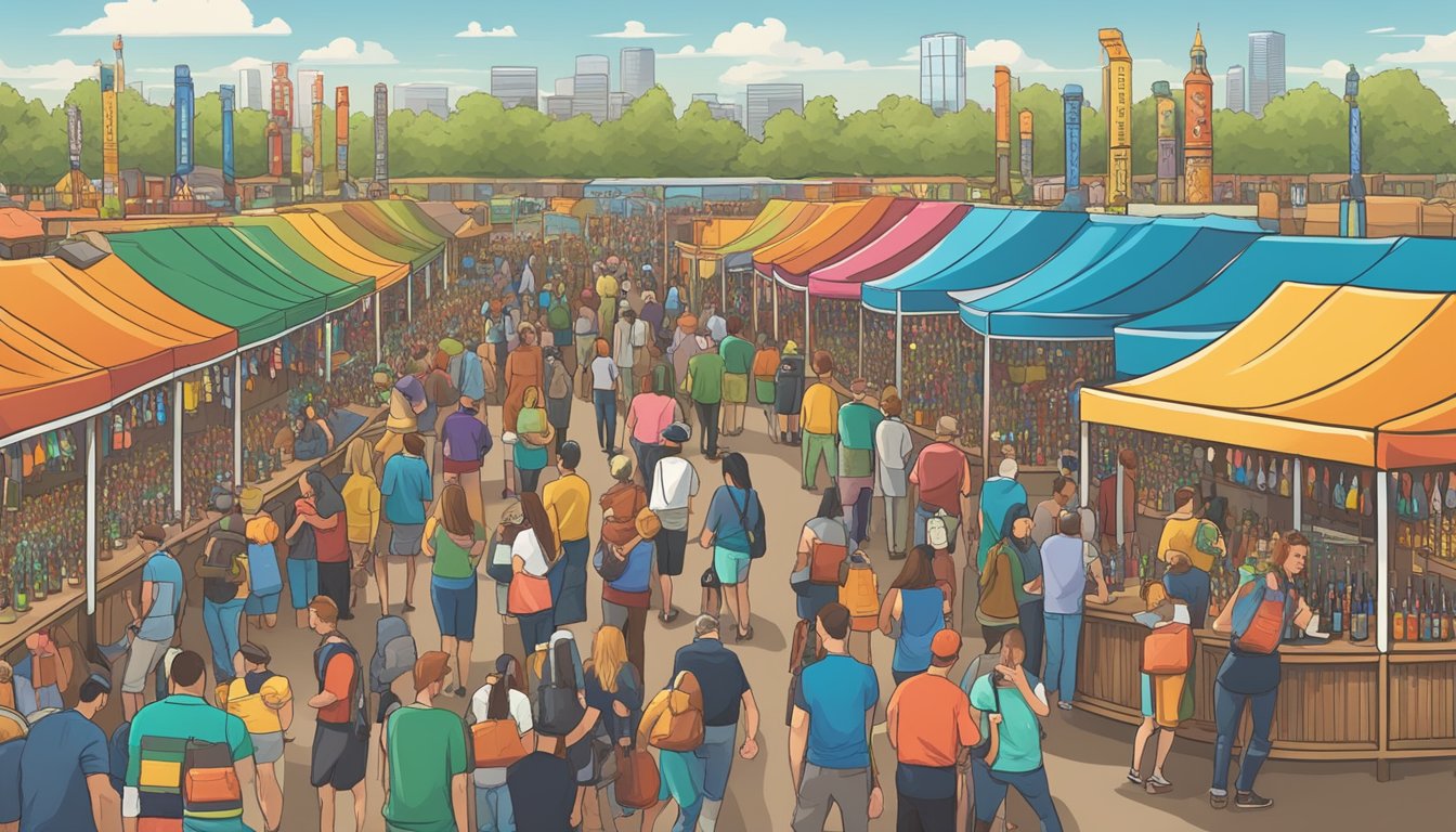 A bustling craft beer festival in Grand Prairie, Texas, with rows of colorful beer taps and eager patrons sampling various brews