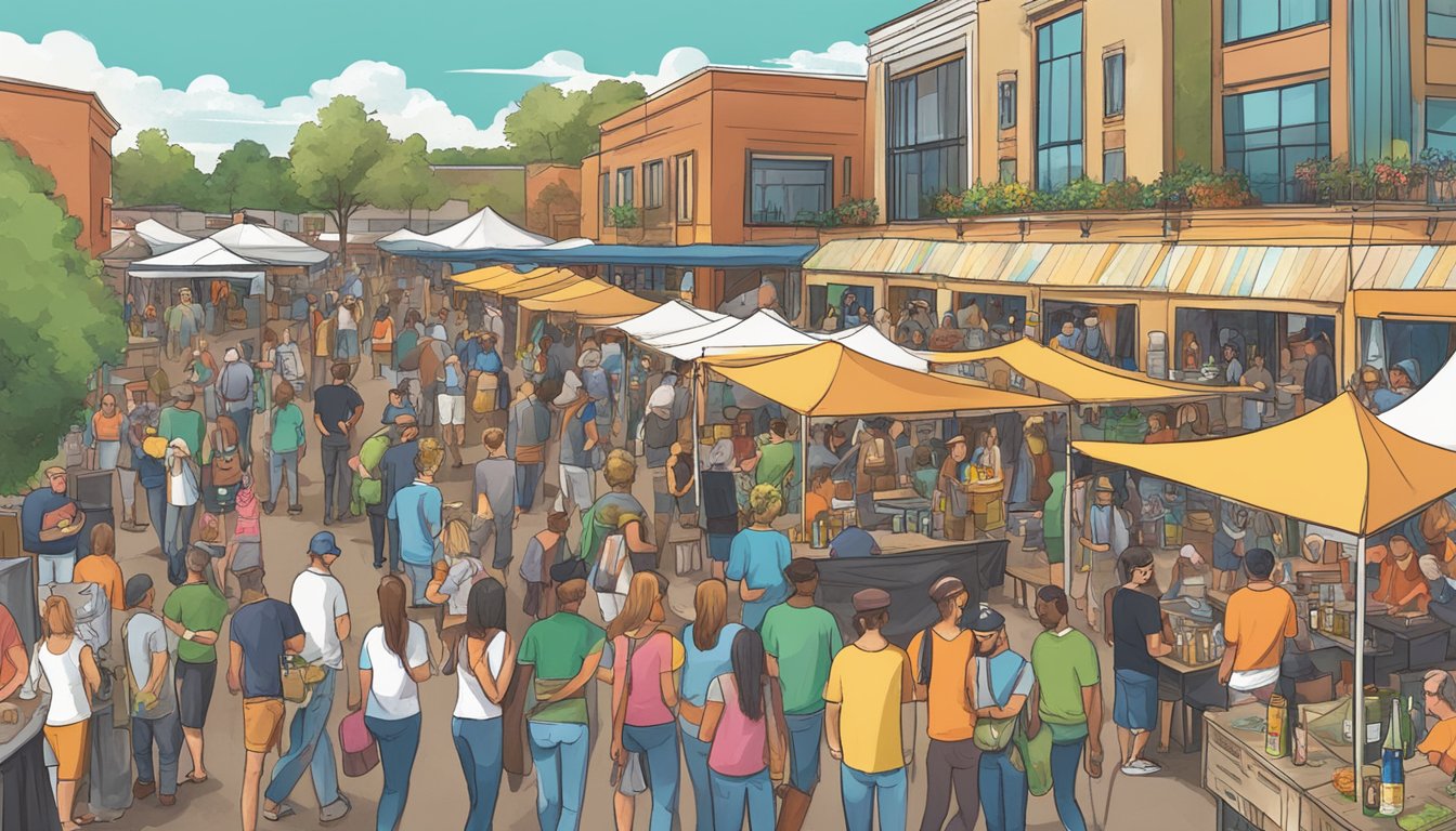 A bustling outdoor festival with colorful craft beer booths, live music, and happy attendees enjoying the local brews in Carrollton, TX