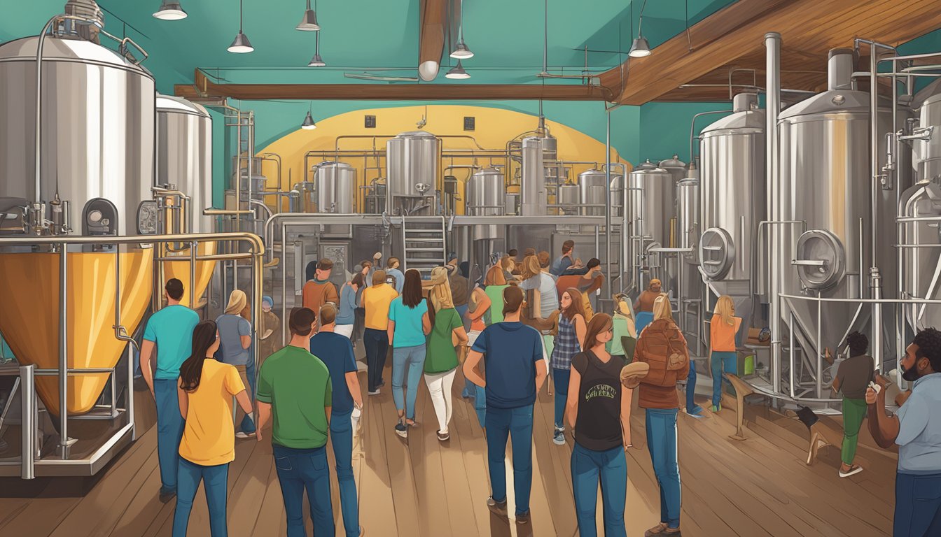 A bustling craft brewery scene in Beaumont, TX, with diverse beer styles, local ingredients, and a vibrant community atmosphere