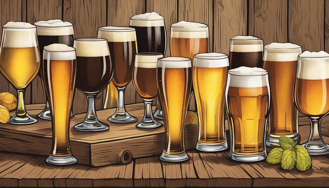 A group of beer glasses arranged on a rustic wooden table, each filled with a different local craft beer. A knowledgeable guide gestures towards the glasses, providing an educational beer tasting experience