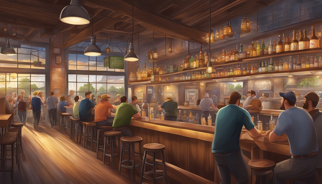 A bustling brewery scene with diverse beer taps, cozy seating areas, and a lively atmosphere in Beaumont, TX