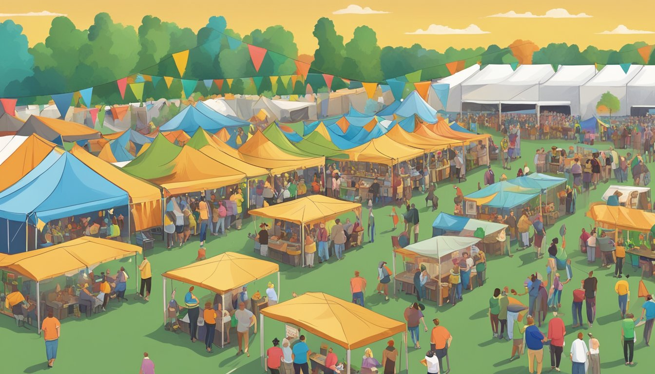 A bustling craft beer festival in Grand Prairie, with rows of colorful tents and a variety of beer taps, surrounded by happy patrons enjoying the lively atmosphere