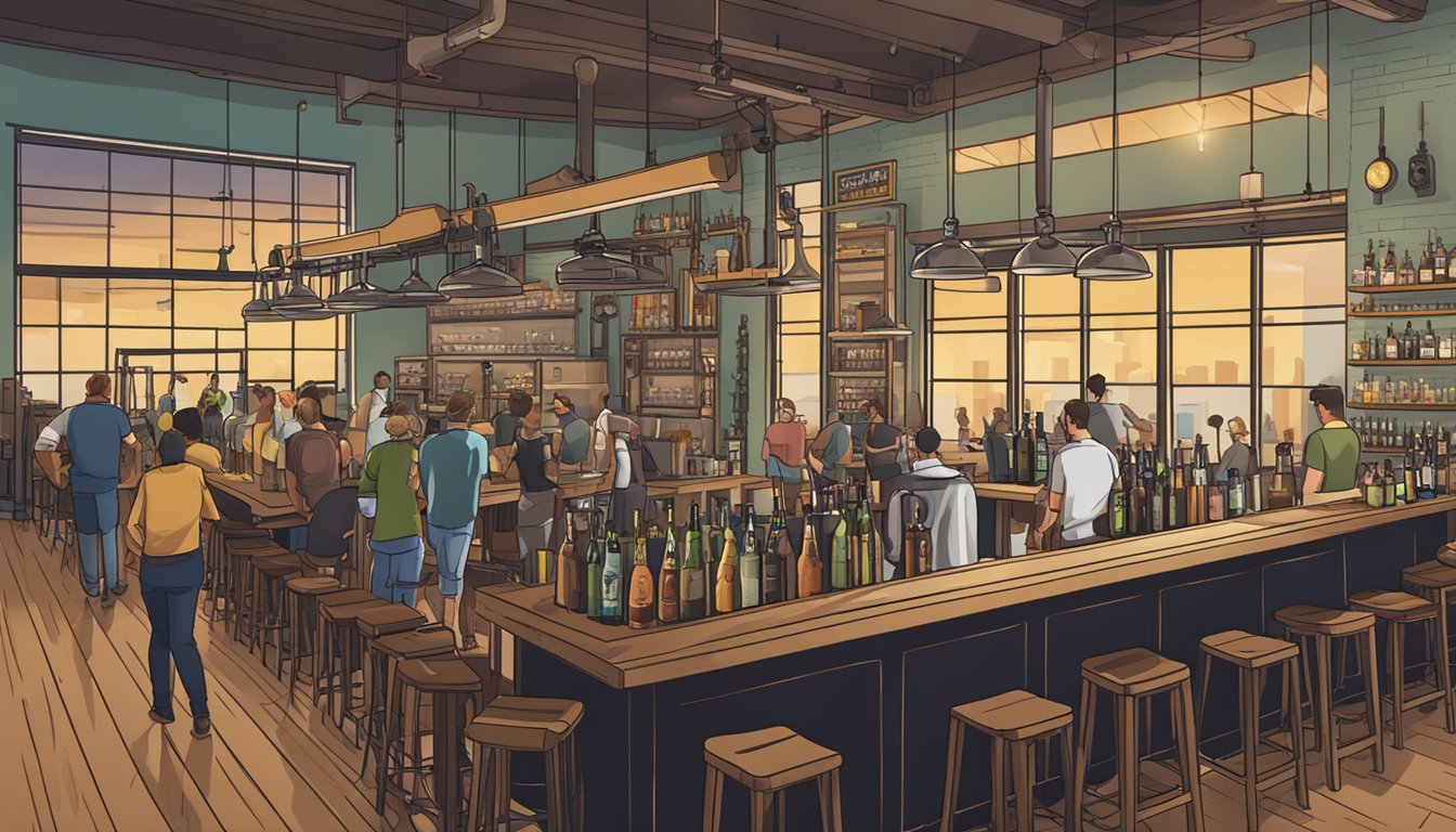 A bustling taproom with a variety of craft beer taps, customers enjoying drinks, and brewery equipment in the background