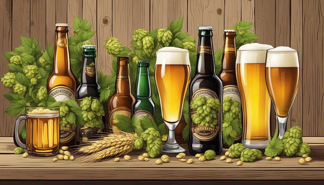 A group of craft beer bottles and glasses arranged on a rustic wooden table, with hops and barley scattered around