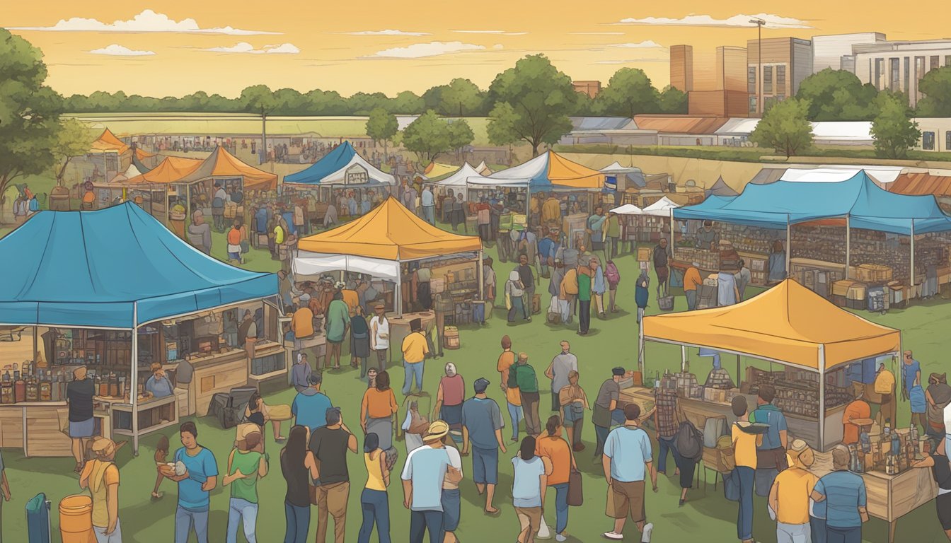 A bustling local craft beer festival in Grand Prairie, TX, with vendors and patrons enjoying the array of unique and flavorful brews