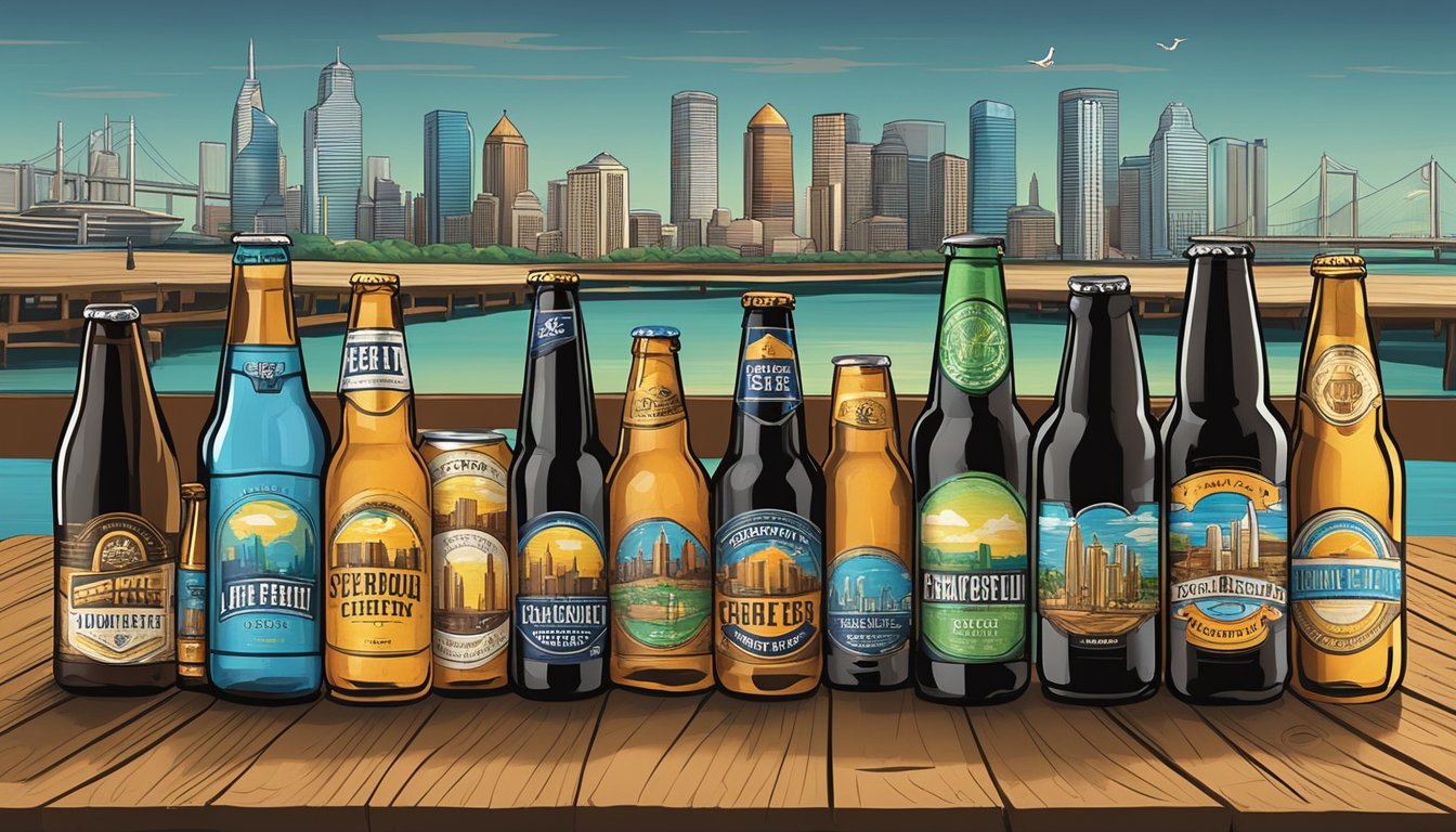 A variety of craft beer bottles and cans arranged on a rustic wooden table, with a backdrop of the Corpus Christi, TX skyline