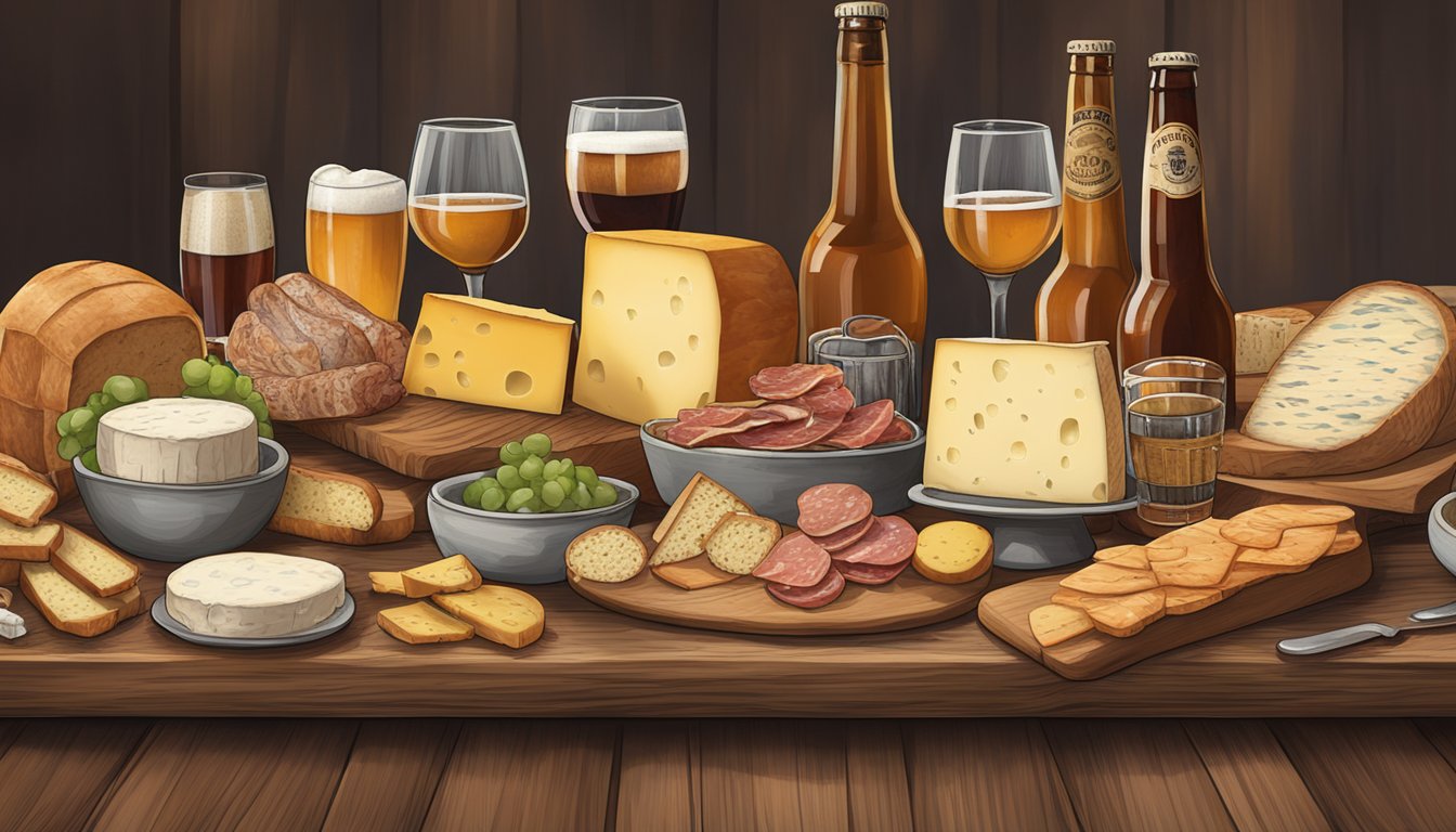 A rustic wooden table adorned with a spread of artisan cheeses, cured meats, and freshly baked bread, accompanied by an array of locally brewed craft beers in Beaumont, TX