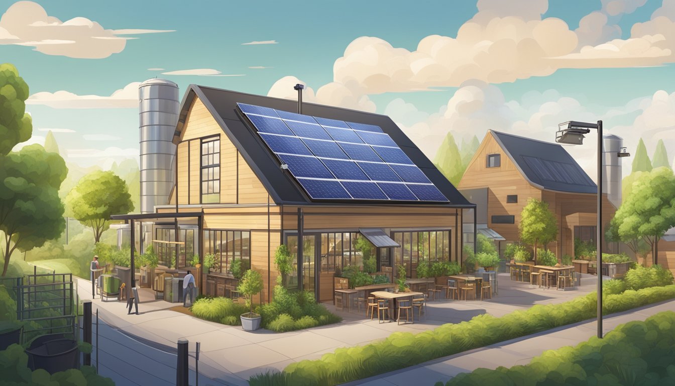 A bustling local craft brewery with solar panels, recycling bins, and a garden for growing hops