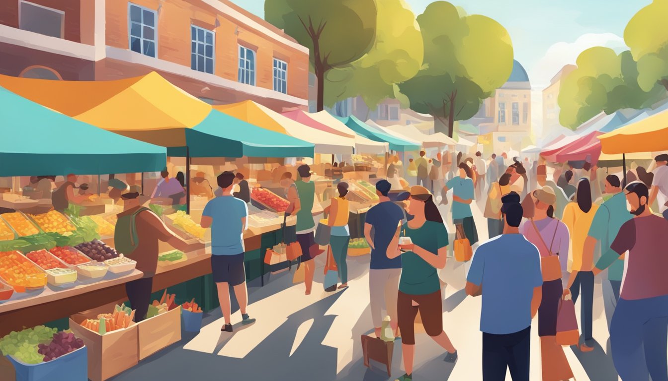 A bustling outdoor market with colorful food stalls and a variety of local craft beer taps. The sun is shining and people are enjoying the lively atmosphere