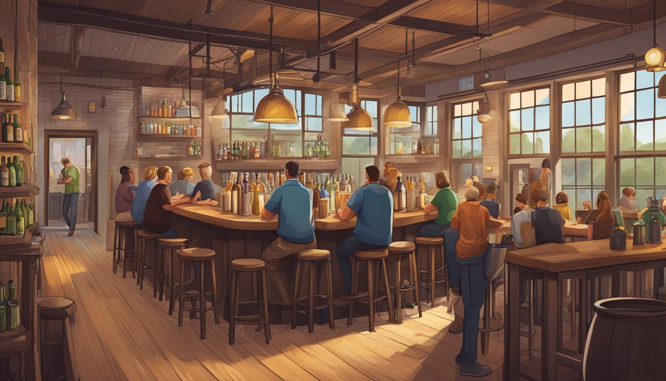 A bustling brewery with a variety of craft beers on tap, patrons enjoying drinks and conversation in a cozy, welcoming atmosphere