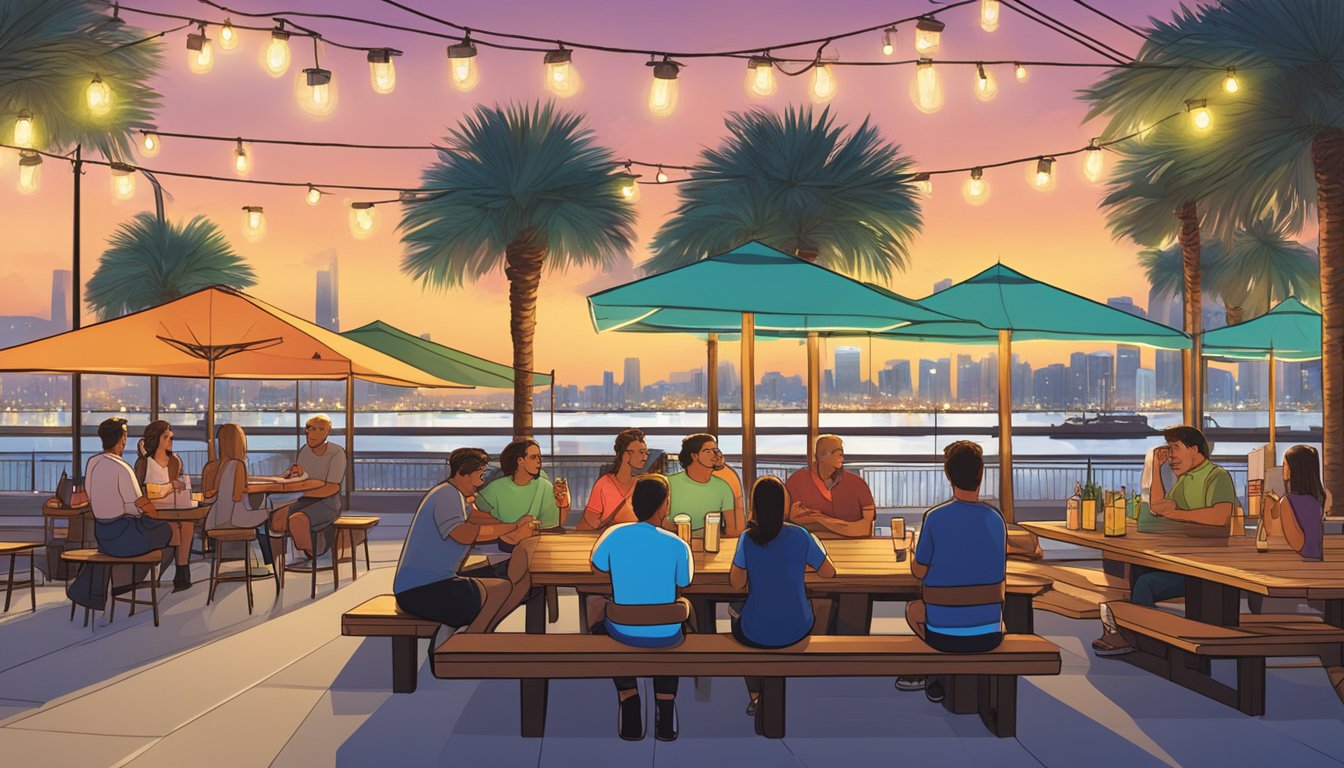 A group of people sit at picnic tables under string lights, sipping craft beer, with a view of the Corpus Christi waterfront