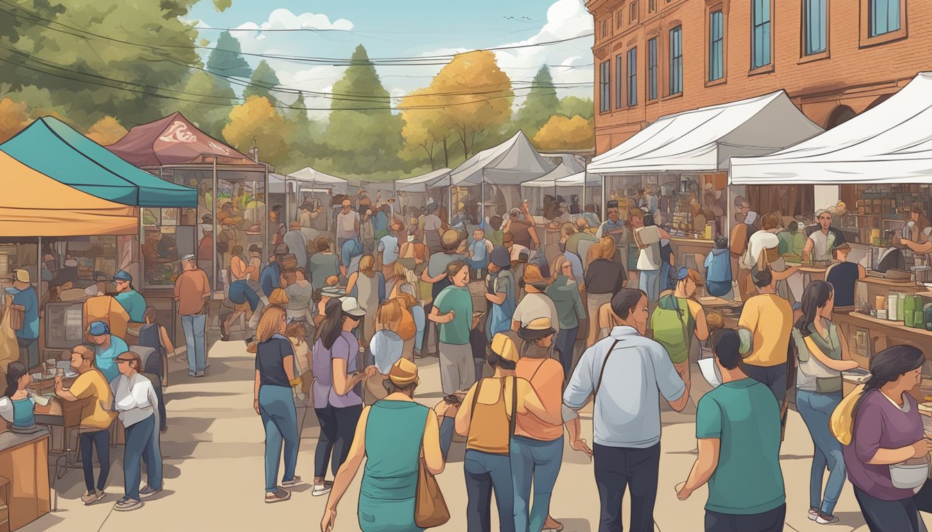 A bustling local craft beer festival with vendors showcasing a variety of unique beverages, surrounded by a lively crowd enjoying live music and food trucks