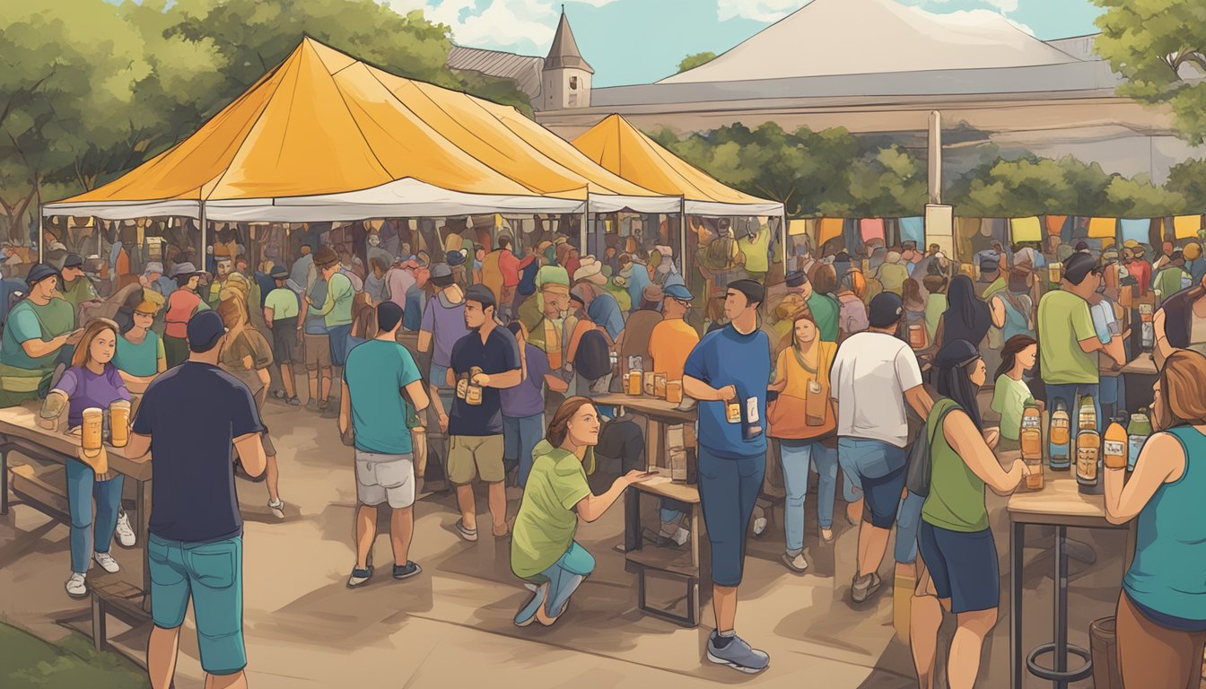 A bustling craft beer festival in Edinburg, TX, with a variety of local breweries showcasing their unique and flavorful brews. Patrons gather around tables and tents, sampling different beers and enjoying the lively atmosphere