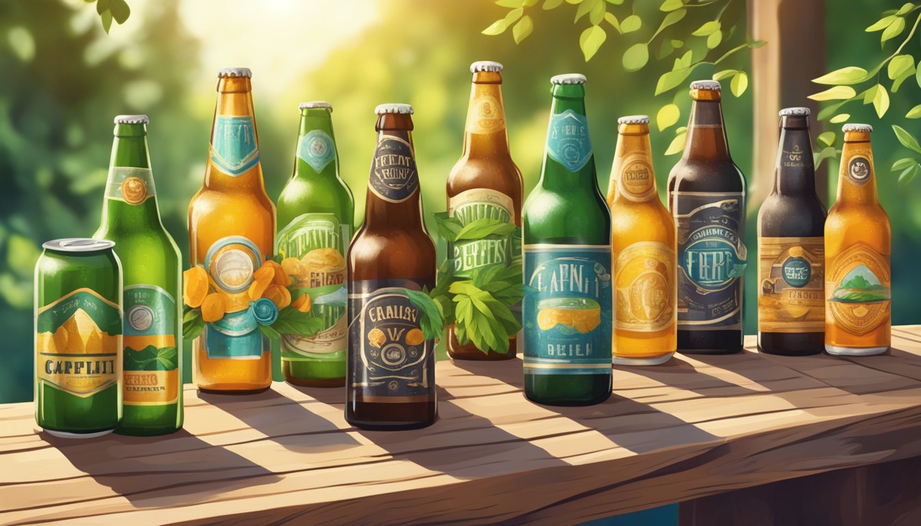 A rustic wooden table adorned with a variety of colorful craft beer bottles and cans, surrounded by lush greenery and warm sunlight