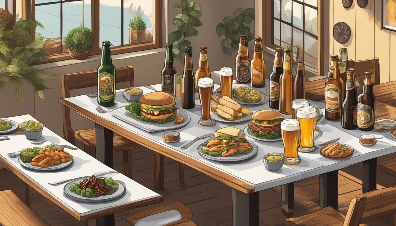 A table set with a variety of craft beer bottles and glasses, surrounded by plates of gourmet food pairings